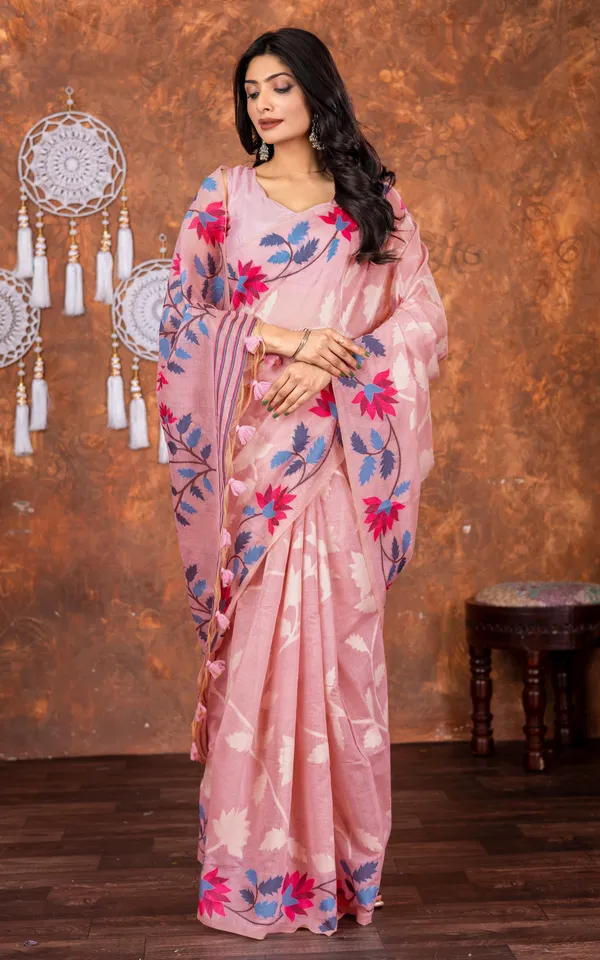 Traditional_Floral_Nakshi_Skirt_Work_Soft_Jamdani_Saree_In_Pastel_Pink_Off_White_And_Multicolor