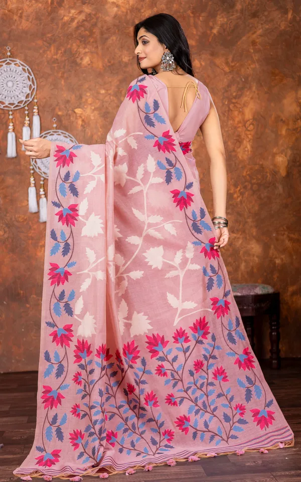 Traditional_Floral_Nakshi_Skirt_Work_Soft_Jamdani_Saree_In_Pastel_Pink_Off_White_And_Multicolor