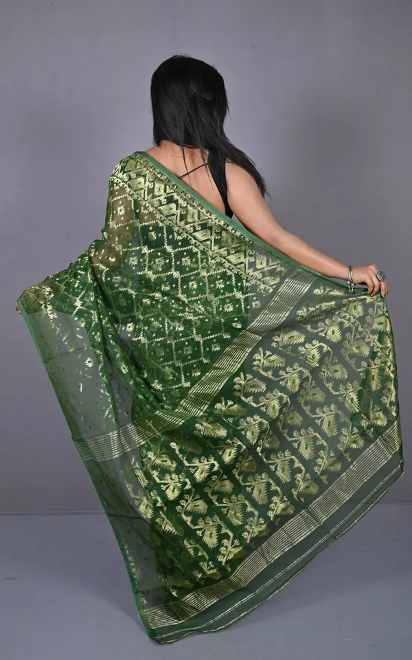 Soft_Zari_Brocade_Dhakai_Jamdani_Saree_In_Bottle_Green_Green_And_Golden