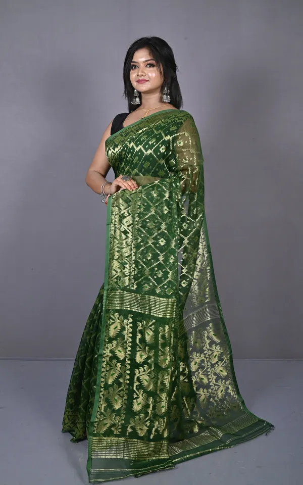Soft_Zari_Brocade_Dhakai_Jamdani_Saree_In_Bottle_Green_Green_And_Golden