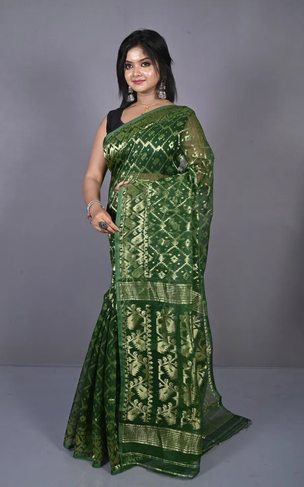 Soft_Zari_Brocade_Dhakai_Jamdani_Saree_In_Bottle_Green_Green_And_Golden