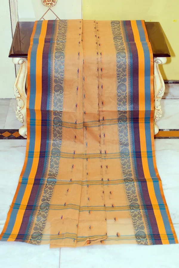 Bengal_Tangail_Hazar_Butti_Jacket_Matta_Thread_Nakshi_Border_Cotton_Saree_In_Tumbleweed_Java_Blue_Navy_Blue_And_Mustard_Golden