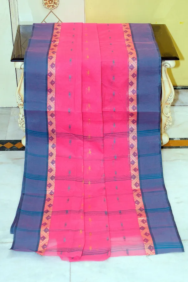 Bengal_Tangail_Hazar_Butti_Jacket_Matta_Thread_Nakshi_Border_Cotton_Saree_In_Brilliant_Rose_Beige_And_Tory_Blue