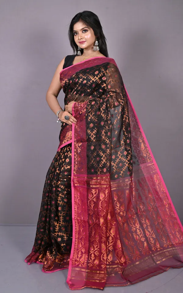 Soft_Zari_Brocade_Dhakai_Jamdani_Saree_In_Black_Hot_Pink_And_Copper