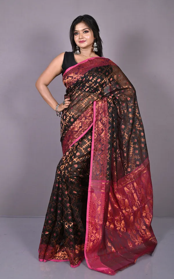 Soft_Zari_Brocade_Dhakai_Jamdani_Saree_In_Black_Hot_Pink_And_Copper
