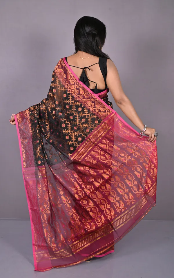 Soft_Zari_Brocade_Dhakai_Jamdani_Saree_In_Black_Hot_Pink_And_Copper