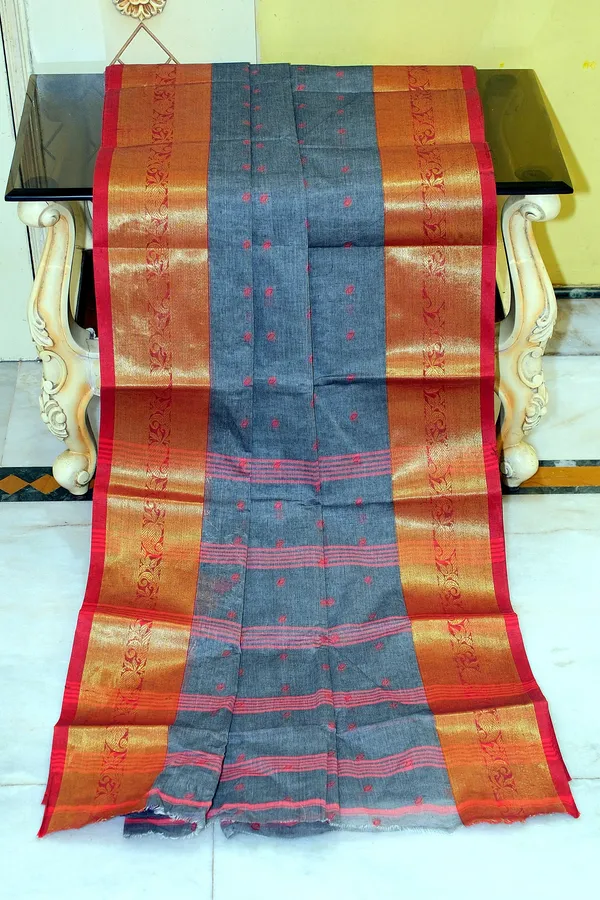 Bengal_Tangail_Hazar_Butti_Jacket_Zari_Nakshi_Golden_Border_Cotton_Saree_In_Dark_Grey_And_Red