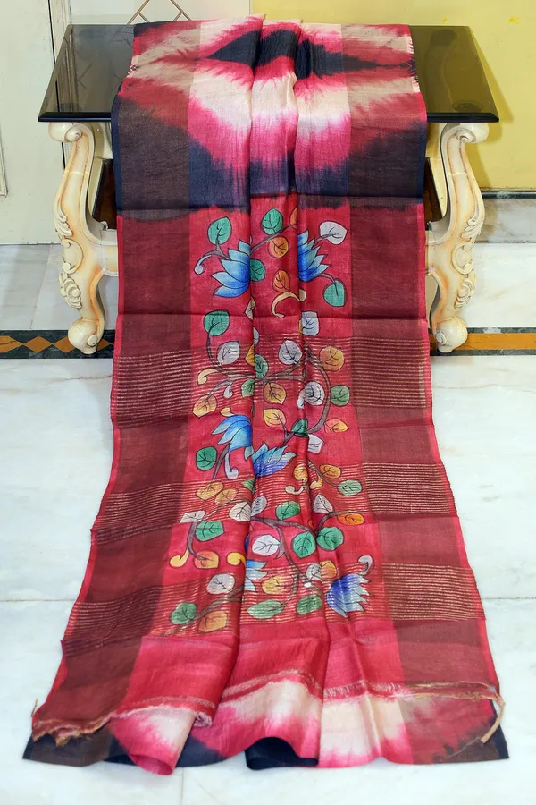 Tie_And_Dye_Shibori_Kalamkari_Soft_Tussar_Silk_Saree_With_Matte_Finish_Zari_Border_In_Midnight_Blue_Red_And_Multicolor