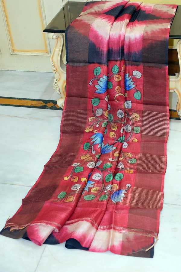 Tie_And_Dye_Shibori_Kalamkari_Soft_Tussar_Silk_Saree_With_Matte_Finish_Zari_Border_In_Midnight_Blue_Red_And_Multicolor