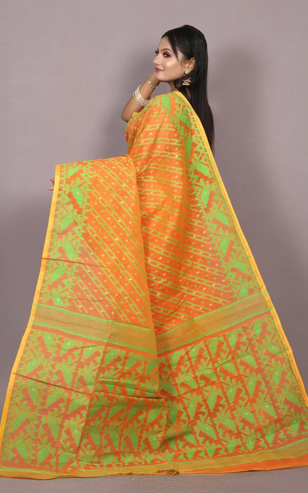 Traditional_Karat_Nakshi_Work_Cotton_Muslin_Soft_Jamdani_Saree_In_Matte_Orange_And_Green