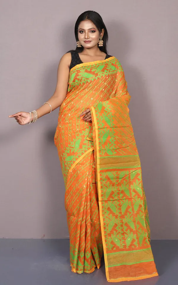 Traditional_Karat_Nakshi_Work_Cotton_Muslin_Soft_Jamdani_Saree_In_Matte_Orange_And_Green