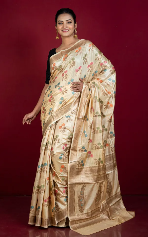 Hand_Woven_Pure_Moonga_Tussar_Banarasi_Silk_Saree_In_Parmesan_Cheese_Antique_Golden_And_Multicolor