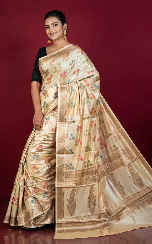Hand_Woven_Pure_Moonga_Tussar_Banarasi_Silk_Saree_In_Parmesan_Cheese_Antique_Golden_And_Multicolor