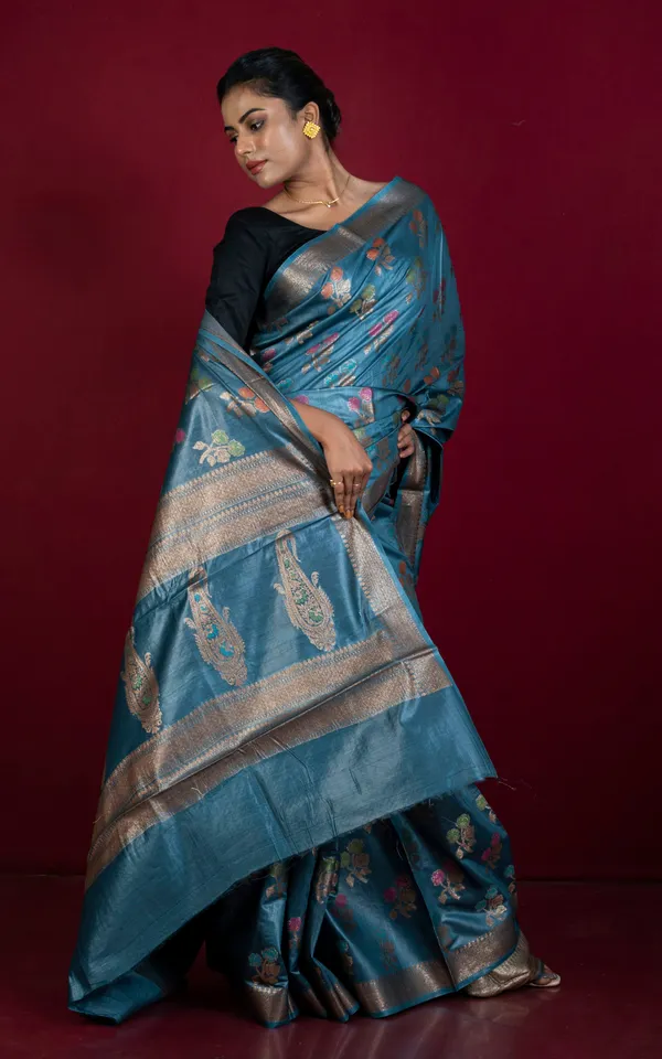 Hand_Woven_Pure_Moonga_Tussar_Banarasi_Silk_Saree_In_Chrysler_Astral_Blue_Antique_Golden_And_Multicolor