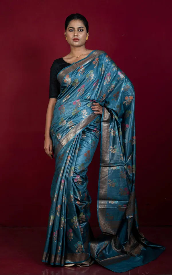 Hand_Woven_Pure_Moonga_Tussar_Banarasi_Silk_Saree_In_Chrysler_Astral_Blue_Antique_Golden_And_Multicolor