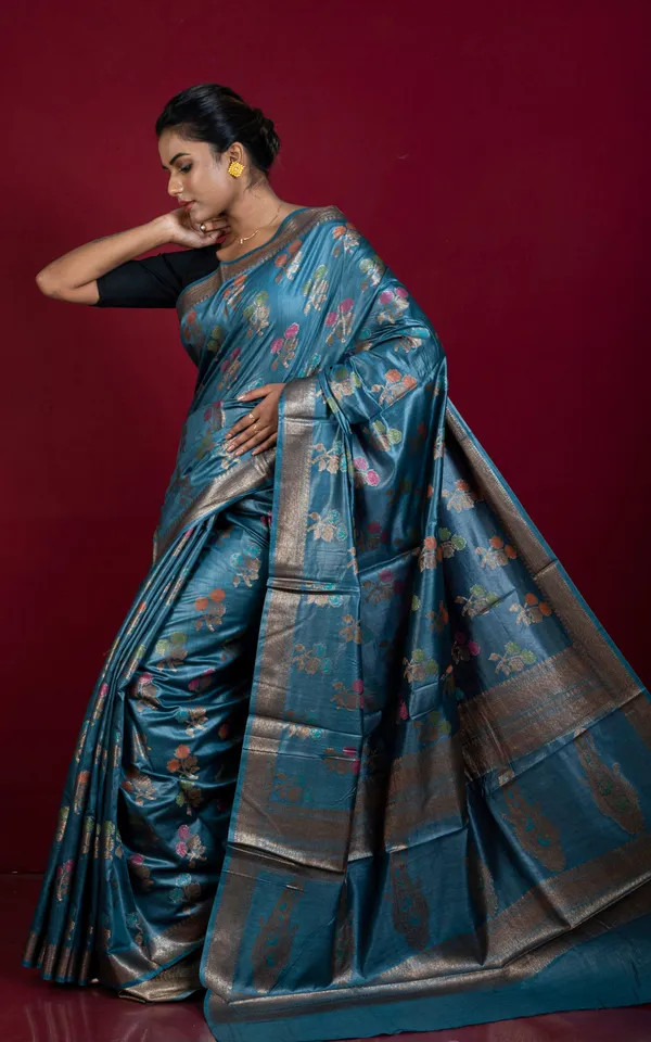 Hand_Woven_Pure_Moonga_Tussar_Banarasi_Silk_Saree_In_Chrysler_Astral_Blue_Antique_Golden_And_Multicolor