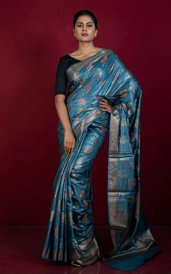 Hand_Woven_Pure_Moonga_Tussar_Banarasi_Silk_Saree_In_Chrysler_Astral_Blue_Antique_Golden_And_Multicolor