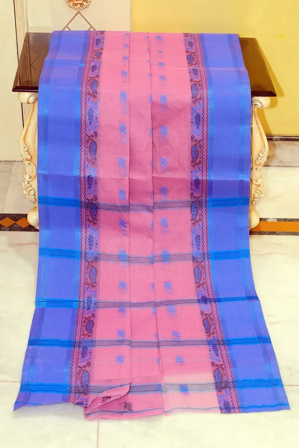 Bengal_Tangail_Hazar_Butti_Jacket_Matta_Thread_Nakshi_Border_Cotton_Saree_In_Persian_Pink_And_Cornflower_Blue
