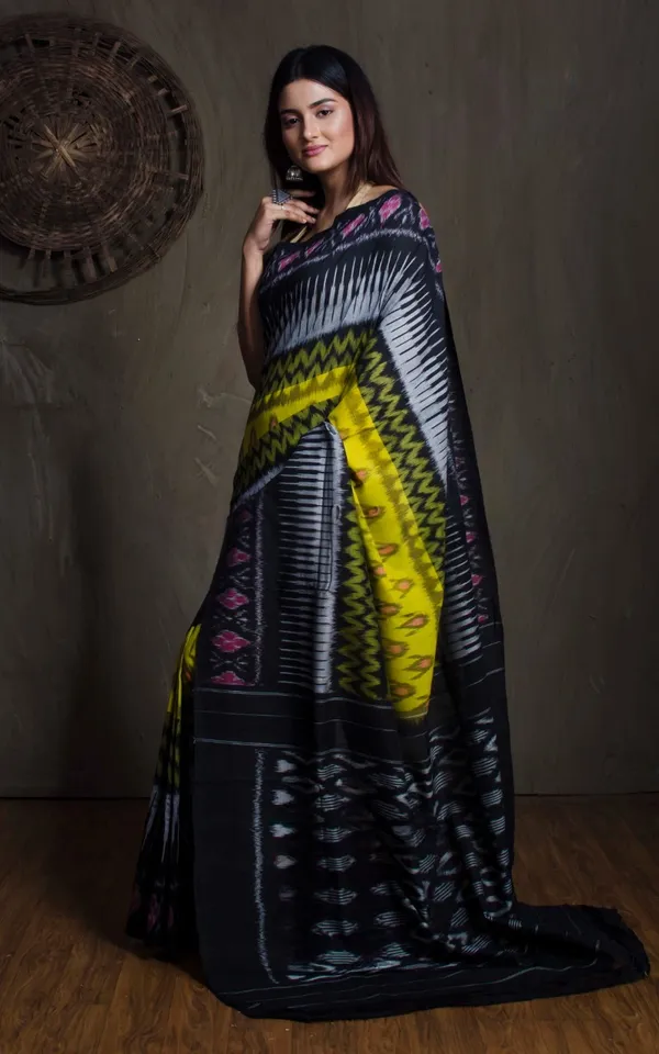 Soft_Mercerized_Cotton_Ikkat_Pochampally_Saree_In_Black_Off_White_Red_And_Bright_Yellow