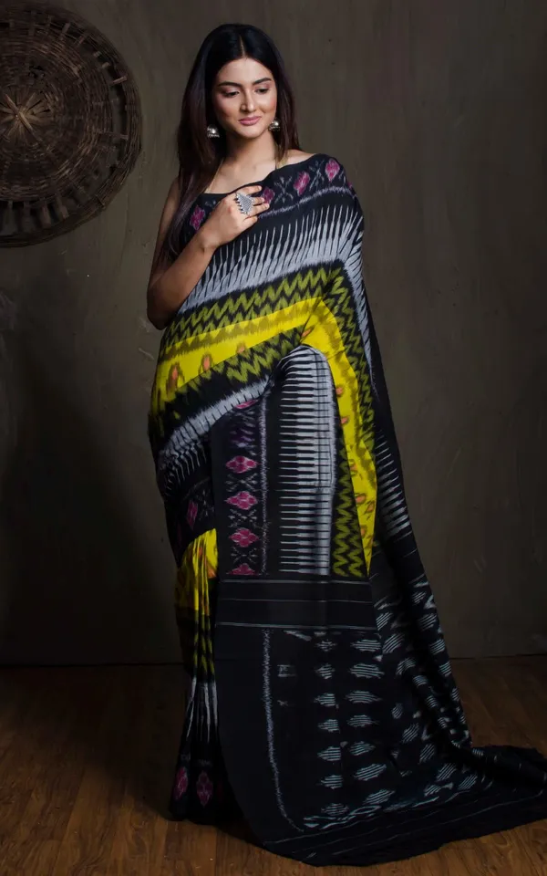 Soft_Mercerized_Cotton_Ikkat_Pochampally_Saree_In_Black_Off_White_Red_And_Bright_Yellow