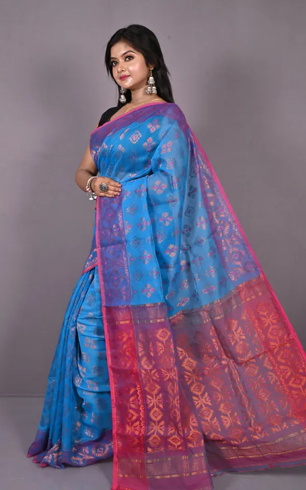 Soft_Zari_Brocade_Dhakai_Jamdani_Saree_In_Blue_Hot_Pink_And_Copper