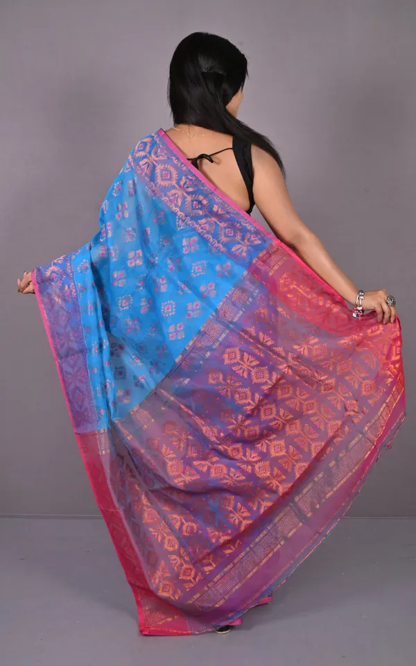 Soft_Zari_Brocade_Dhakai_Jamdani_Saree_In_Blue_Hot_Pink_And_Copper