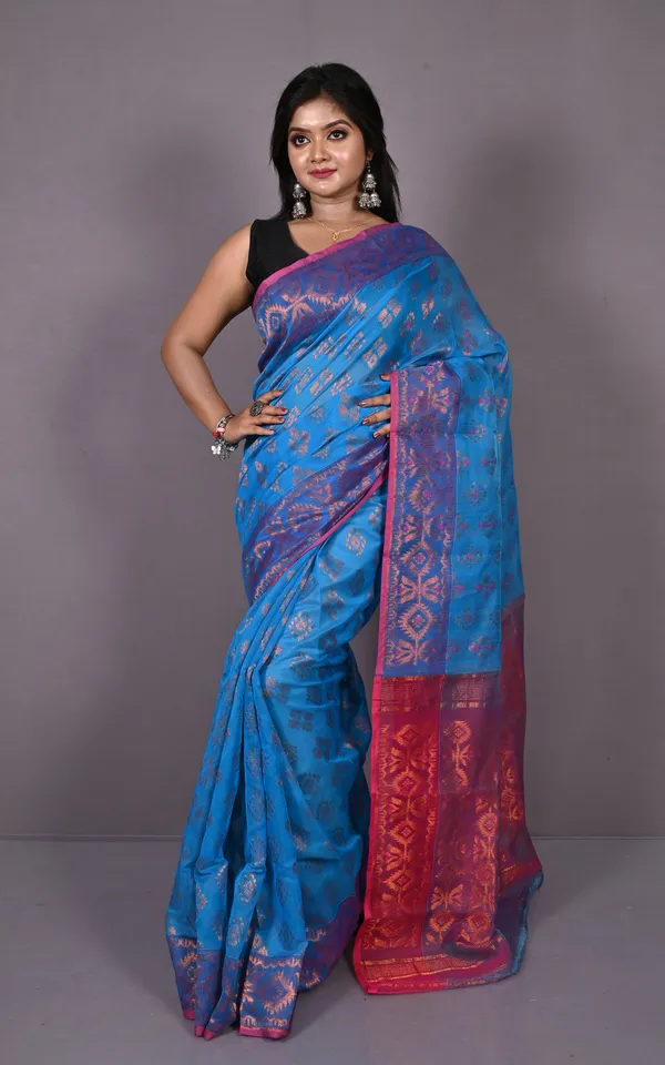 Soft_Zari_Brocade_Dhakai_Jamdani_Saree_In_Blue_Hot_Pink_And_Copper