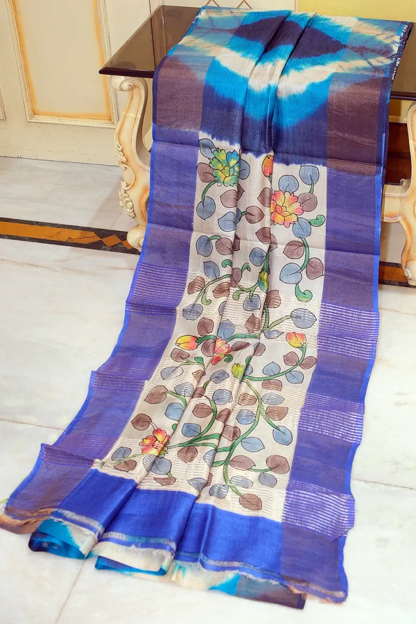 Tie_And_Dye_Shibori_Kalamkari_Soft_Tussar_Silk_Saree_With_Matte_Finish_Zari_Border_In_Ink_Blue_Azure_Blue_And_Multicolor
