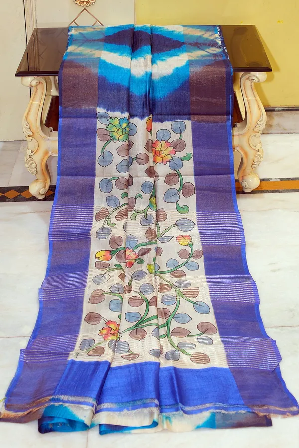 Tie_And_Dye_Shibori_Kalamkari_Soft_Tussar_Silk_Saree_With_Matte_Finish_Zari_Border_In_Ink_Blue_Azure_Blue_And_Multicolor