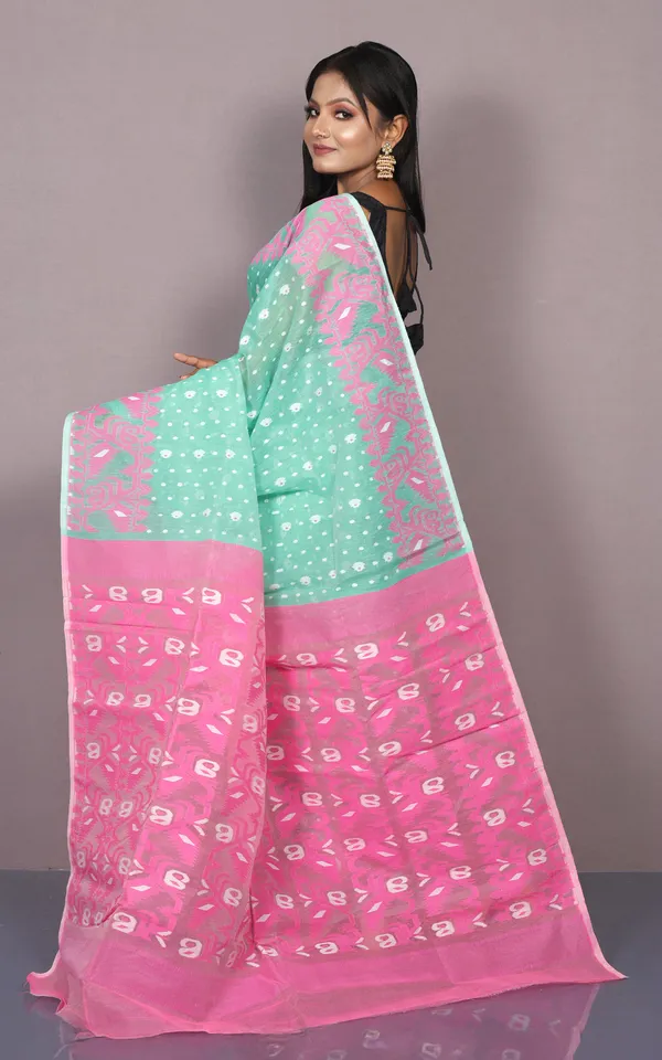 Traditional_Karat_Nakshi_Work_Cotton_Muslin_Soft_Jamdani_Saree_In_Seafoam_Green_Pink_And_White