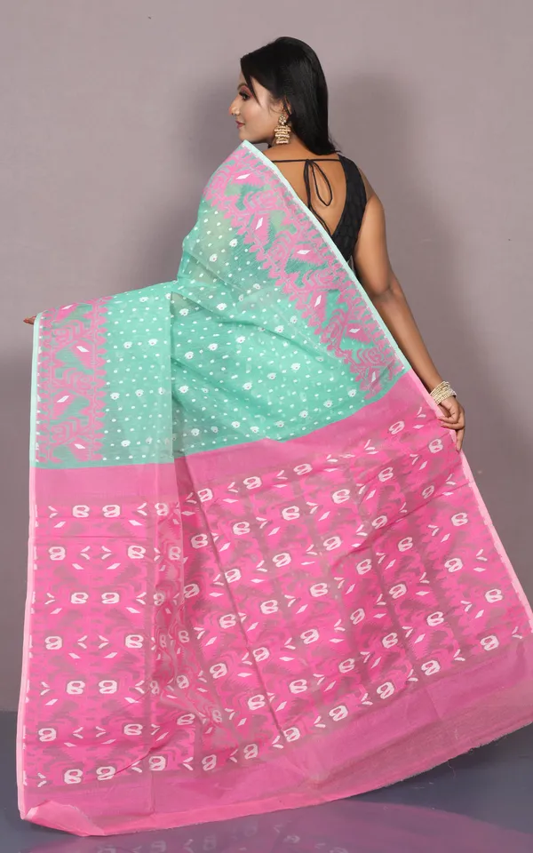 Traditional_Karat_Nakshi_Work_Cotton_Muslin_Soft_Jamdani_Saree_In_Seafoam_Green_Pink_And_White