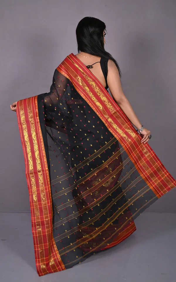 Designer_Metro_Nakshi_Border_Bengal_Tangail_Hazar_Butti_Cotton_Saree_In_Black_Red_And_Beige