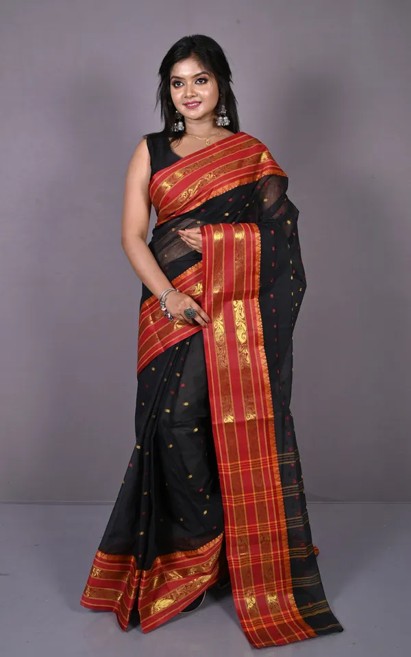 Designer_Metro_Nakshi_Border_Bengal_Tangail_Hazar_Butti_Cotton_Saree_In_Black_Red_And_Beige