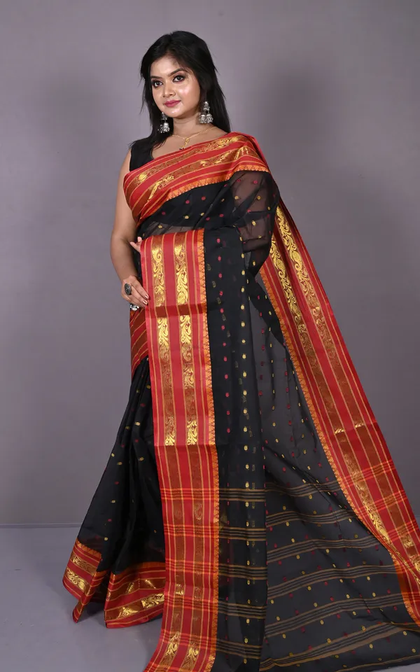 Designer_Metro_Nakshi_Border_Bengal_Tangail_Hazar_Butti_Cotton_Saree_In_Black_Red_And_Beige