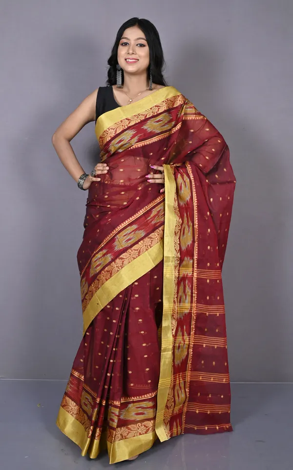 Designer_Paisley_Woven_Nakshi_Kotki_Border_With_Polka_Dots_Butti_Bengal_Cotton_Saree_In_Maroon_Yellow_And_Beige
