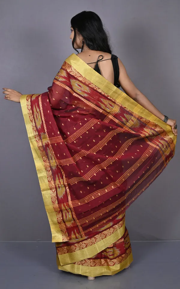 Designer_Paisley_Woven_Nakshi_Kotki_Border_With_Polka_Dots_Butti_Bengal_Cotton_Saree_In_Maroon_Yellow_And_Beige