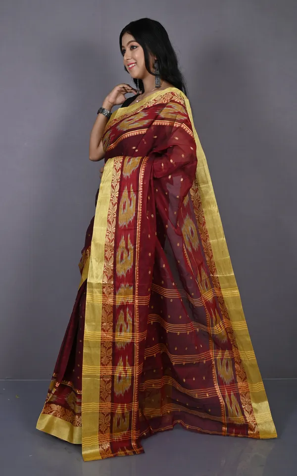 Designer_Paisley_Woven_Nakshi_Kotki_Border_With_Polka_Dots_Butti_Bengal_Cotton_Saree_In_Maroon_Yellow_And_Beige