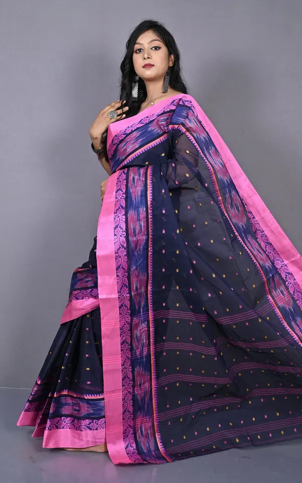 Designer_Paisley_Woven_Nakshi_Kotki_Border_With_Polka_Dots_Butti_Bengal_Cotton_Saree_In_Midnight_Blue_Admiral_Blue_Pink_And_Beige