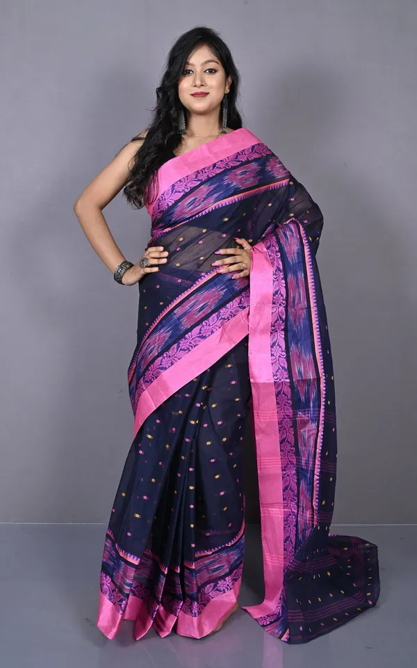 Designer_Paisley_Woven_Nakshi_Kotki_Border_With_Polka_Dots_Butti_Bengal_Cotton_Saree_In_Midnight_Blue_Admiral_Blue_Pink_And_Beige