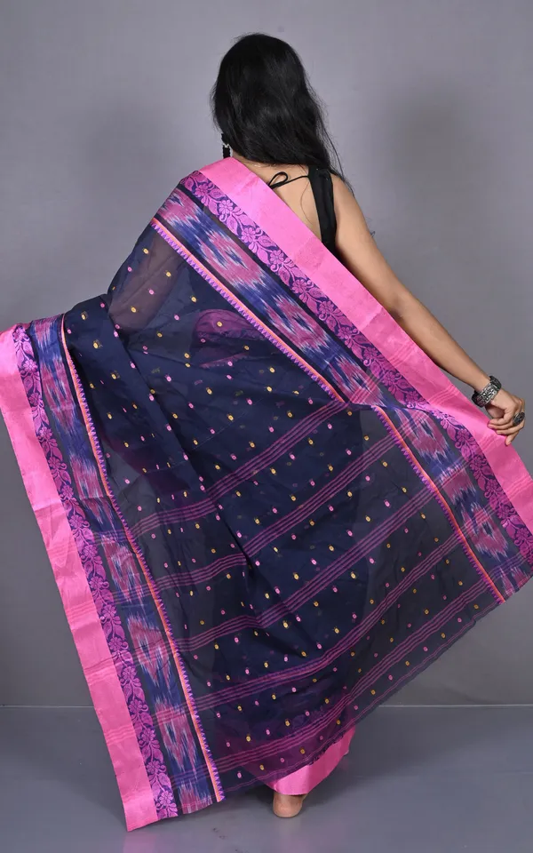 Designer_Paisley_Woven_Nakshi_Kotki_Border_With_Polka_Dots_Butti_Bengal_Cotton_Saree_In_Midnight_Blue_Admiral_Blue_Pink_And_Beige