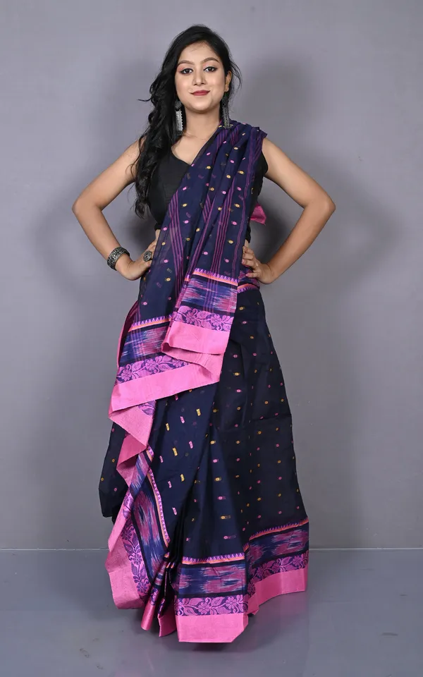 Designer_Paisley_Woven_Nakshi_Kotki_Border_With_Polka_Dots_Butti_Bengal_Cotton_Saree_In_Midnight_Blue_Admiral_Blue_Pink_And_Beige
