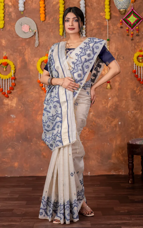 Tantuja_Inspired_Traditional_Karat_Needle_Nakshi_Jaal_Work_Soft_Jamdani_Saree_In_Beige_Navy_Blue_And_Matte_Golden