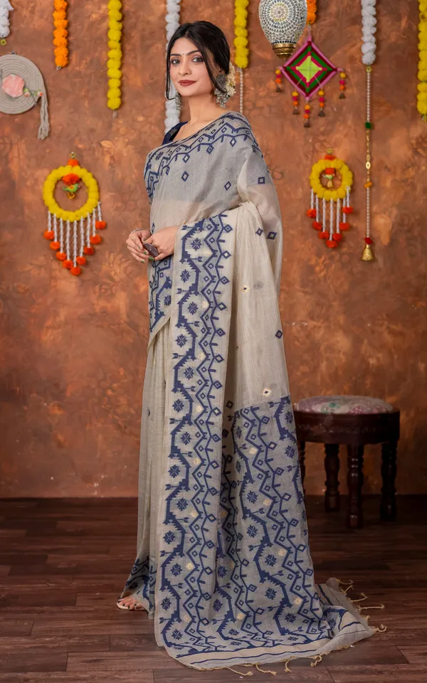 Tantuja_Inspired_Traditional_Karat_Needle_Nakshi_Jaal_Work_Soft_Jamdani_Saree_In_Beige_Navy_Blue_And_Matte_Golden