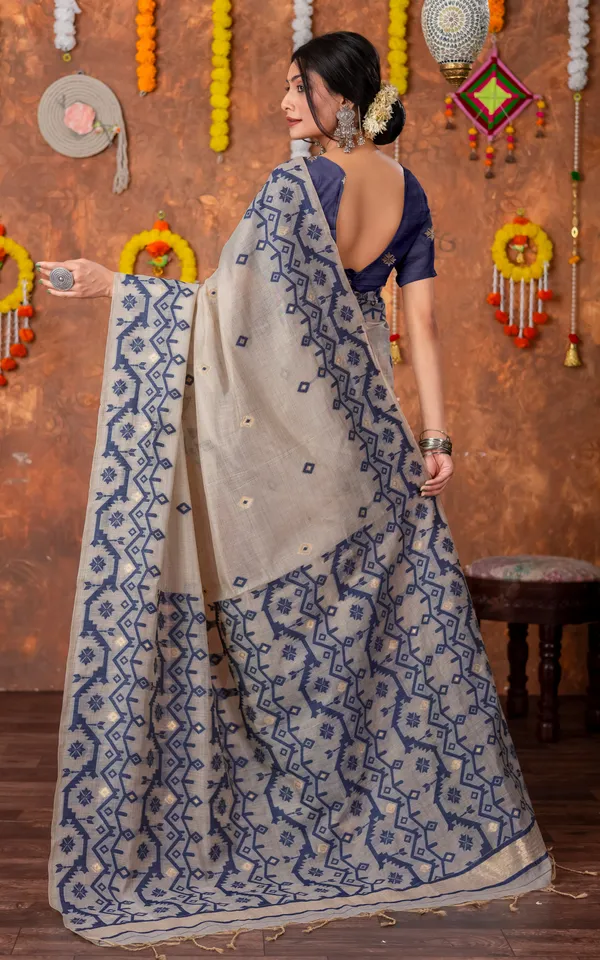 Tantuja_Inspired_Traditional_Karat_Needle_Nakshi_Jaal_Work_Soft_Jamdani_Saree_In_Beige_Navy_Blue_And_Matte_Golden