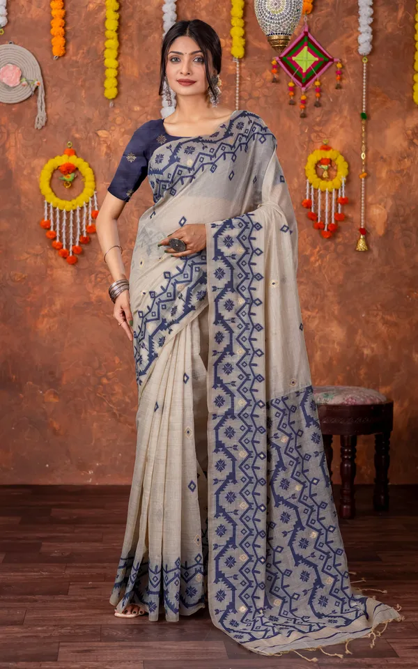 Tantuja_Inspired_Traditional_Karat_Needle_Nakshi_Jaal_Work_Soft_Jamdani_Saree_In_Beige_Navy_Blue_And_Matte_Golden