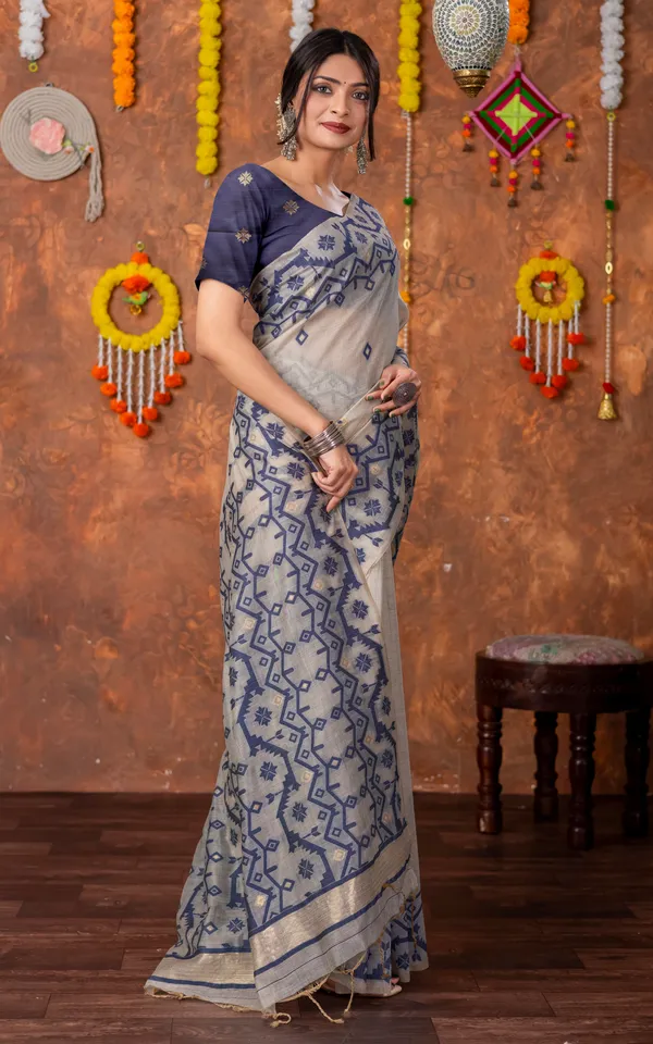 Tantuja_Inspired_Traditional_Karat_Needle_Nakshi_Jaal_Work_Soft_Jamdani_Saree_In_Beige_Navy_Blue_And_Matte_Golden