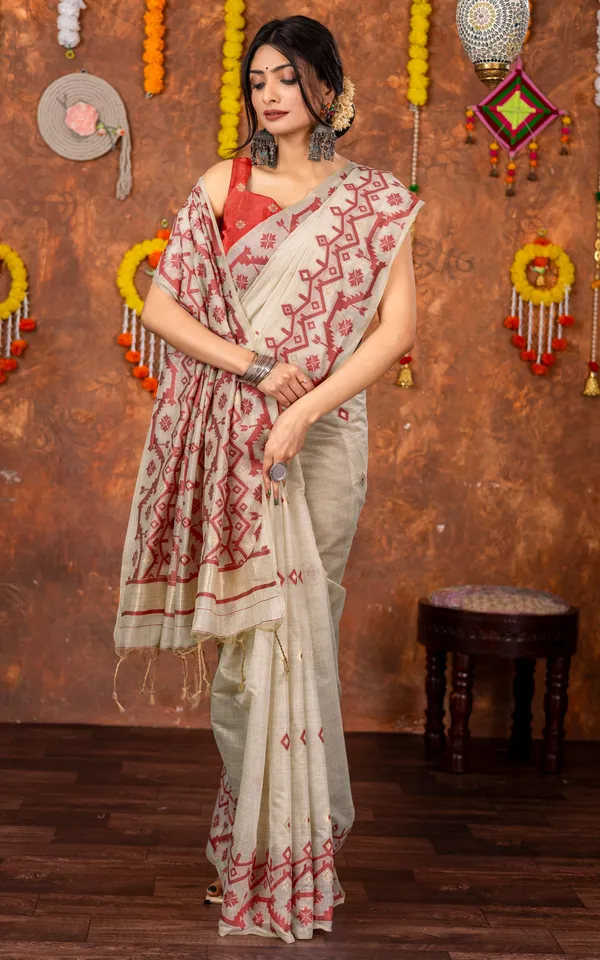 Tantuja_Inspired_Traditional_Karat_Needle_Nakshi_Jaal_Work_Soft_Jamdani_Saree_In_Beige_Red_And_Matte_Golden