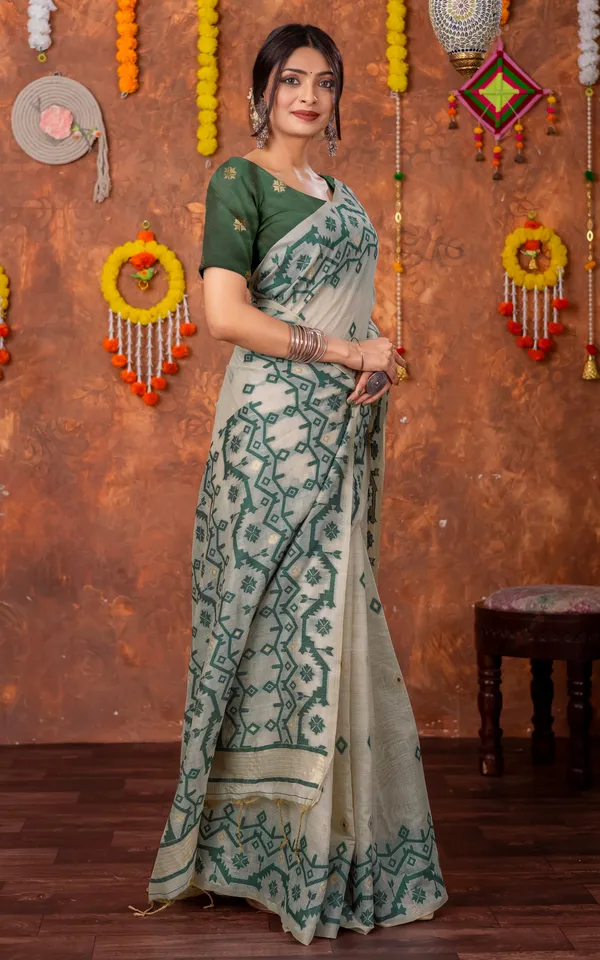Tantuja_Inspired_Traditional_Karat_Needle_Nakshi_Jaal_Work_Soft_Jamdani_Saree_In_Beige_Deep_Green_And_Matte_Golden