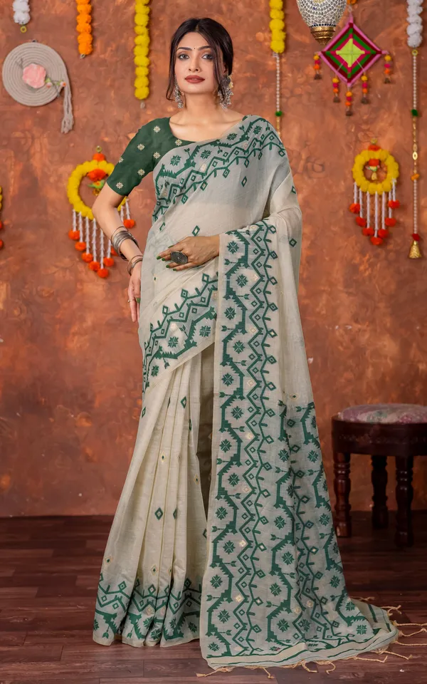 Tantuja_Inspired_Traditional_Karat_Needle_Nakshi_Jaal_Work_Soft_Jamdani_Saree_In_Beige_Deep_Green_And_Matte_Golden