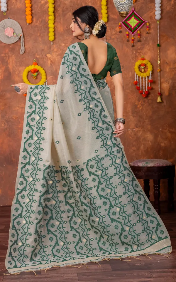 Tantuja_Inspired_Traditional_Karat_Needle_Nakshi_Jaal_Work_Soft_Jamdani_Saree_In_Beige_Deep_Green_And_Matte_Golden